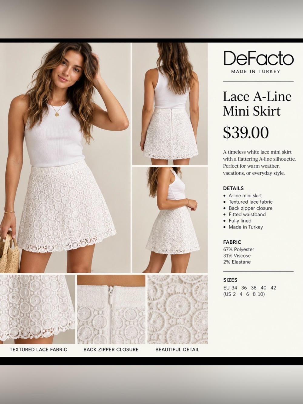 DeFacto White Lace A-Line Mini Skirt